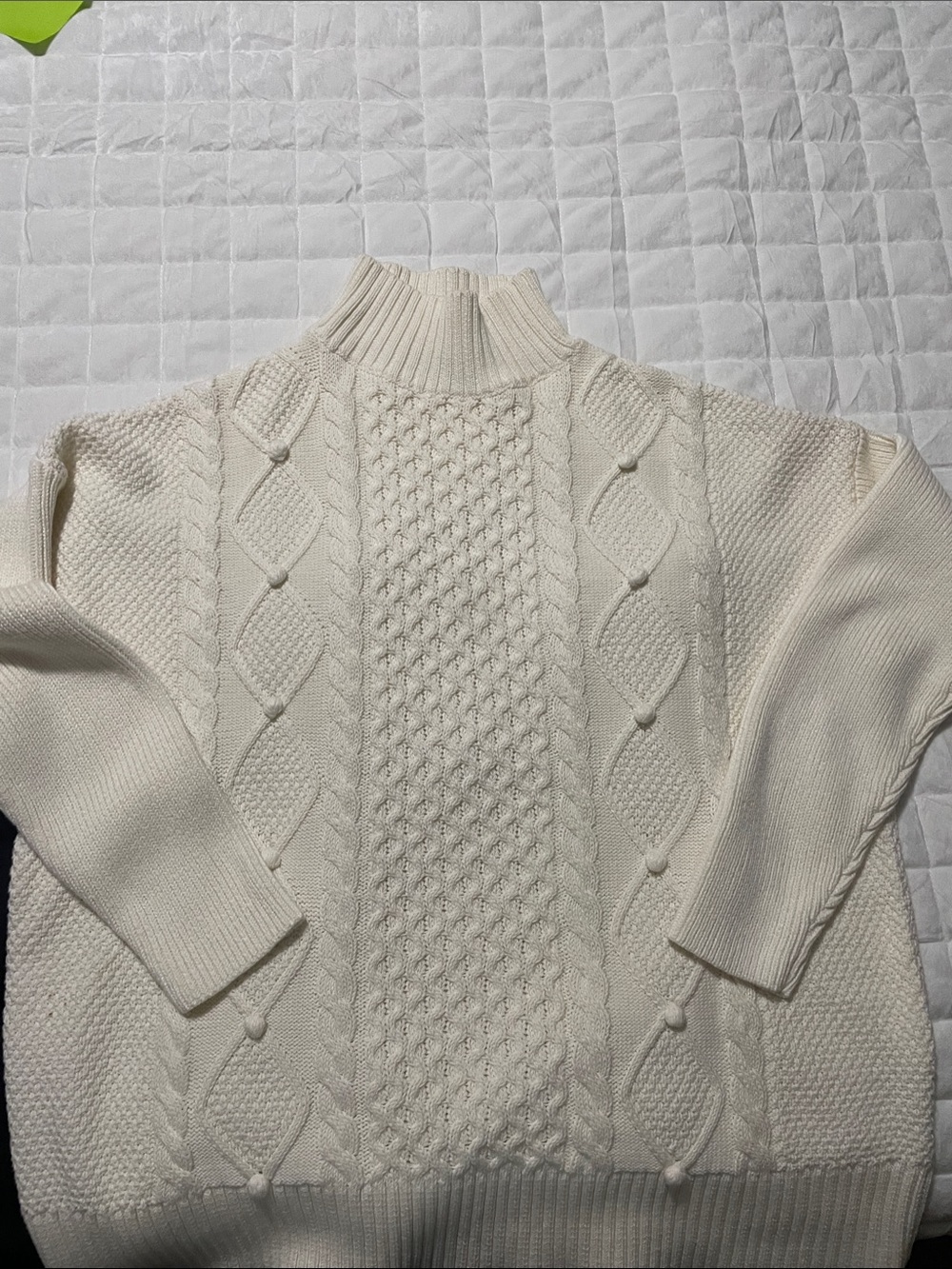 J. Crew Cream Cable Turtleneck Sweater with Bobble Accents 100% Cotton M